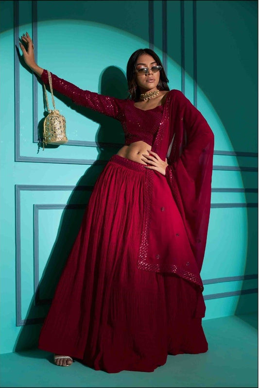 Red Plitting Pattern Stylish Lehenga Dropshipera