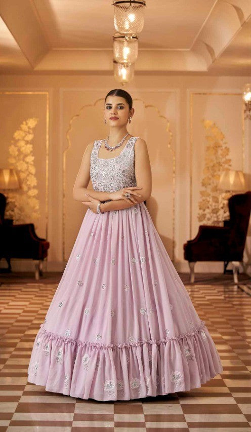 Semi-Stitched Stylish Dusty Pink Floral Embroidered Georgette Long Gown Dropshipera