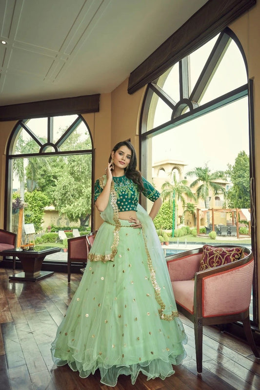 Green Colour Heavy Nylon Net Lehenha Choli Dropshipera