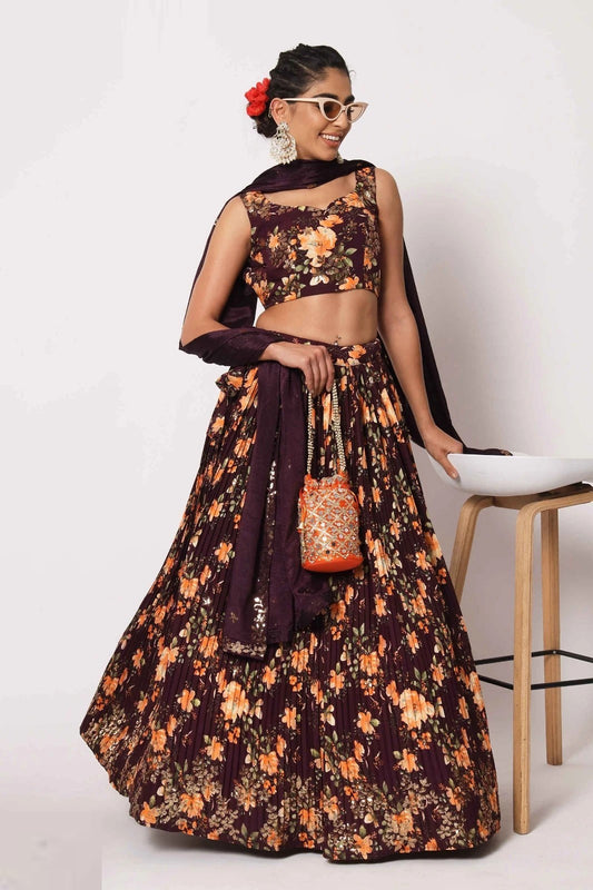 Purple Floral Printed Art Silk Lehenga Choli Dropshipera