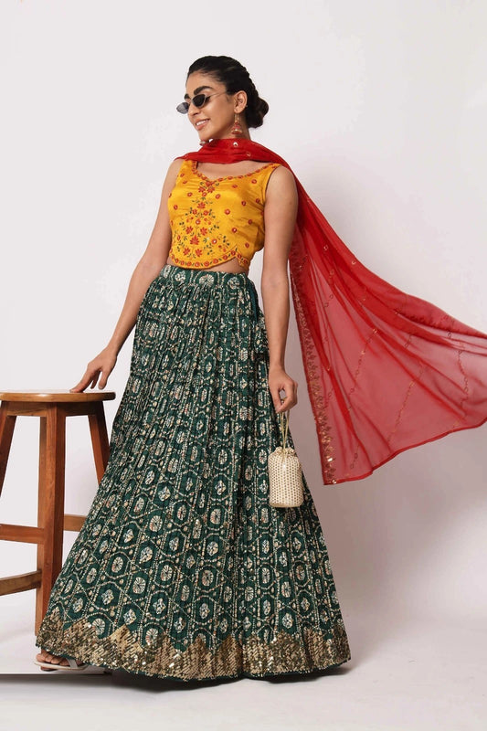 Green Floral Printed Art Silk Lehenga Choli Dropshipera