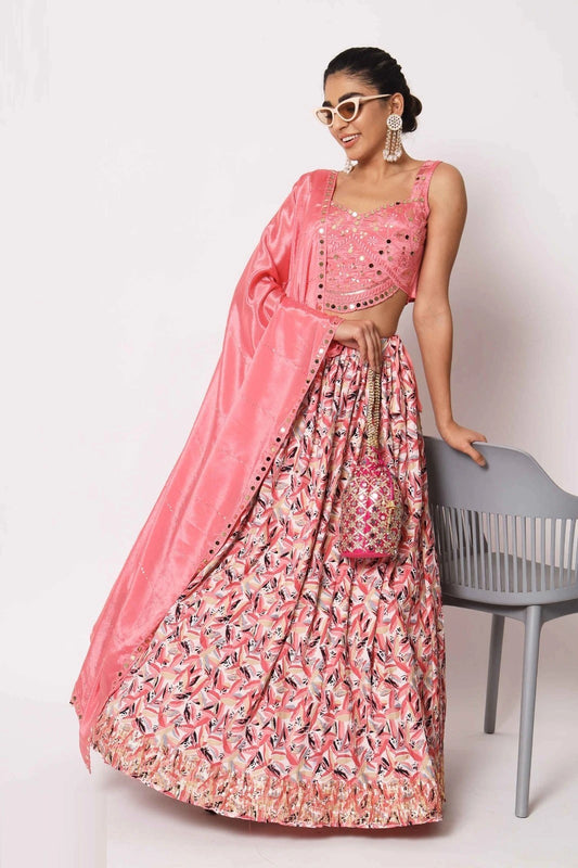 Pink Floral Printed Art Silk Lehenga Choli Dropshipera