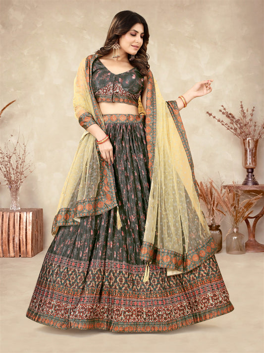 Olive Green Digital Printed Crape Pleated Lehenga Choli For Women Dropshipera