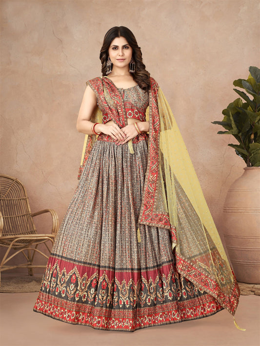 Multi Color Digital Printed Crape Pleated Lehenga Choli For Women Dropshipera