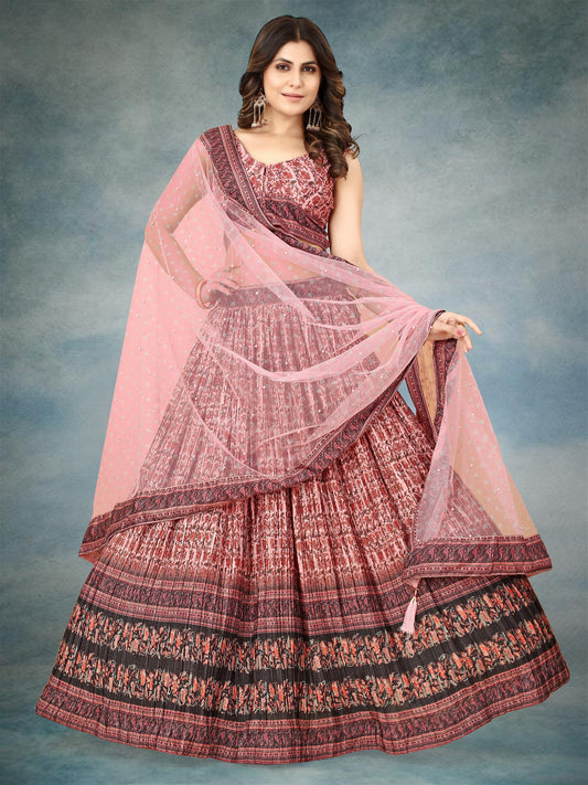 Pink Digital Printed Crape Pleated Lehenga Choli For Women Dropshipera