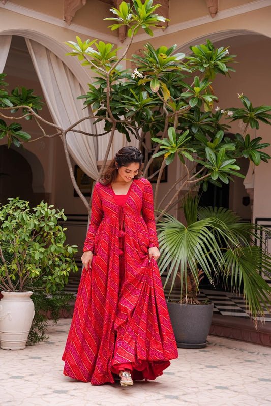 Beautiful Printed Shrug Style Indo Western Gown For Women Dropshipera