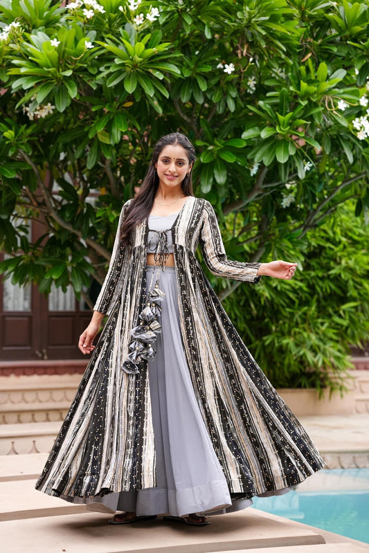 Light Gray Printed  Shrug Style Indo Western Gown For Women Dropshipera