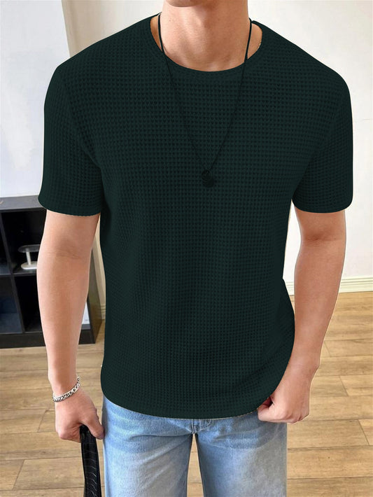 Men Solid Round Neck Waffle Dark Green T-Shirt Dropshipera