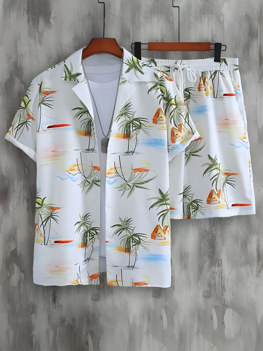 Tree Print Men's Shirt And Shorts Set Short Sleeve Dropshipera